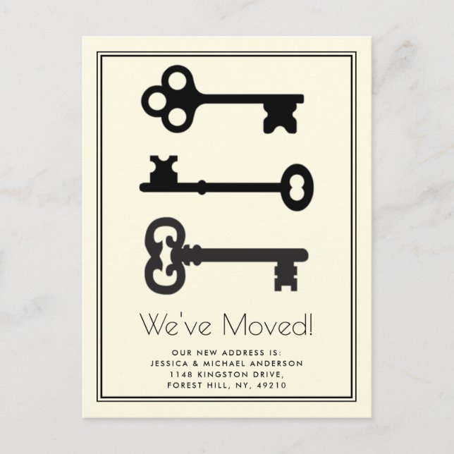 Simple Black Cream Minimal Key Moving Announcement Postcard (Front)