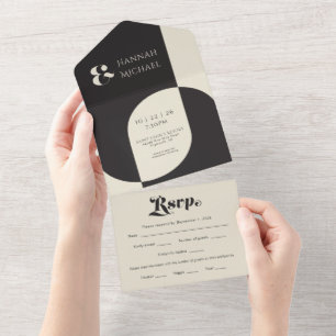 Simple Black Cream Retro All In One Invitation
