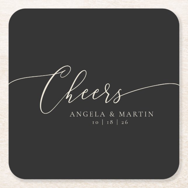 Simple Black Cream Wedding Square Paper Coaster (Front)