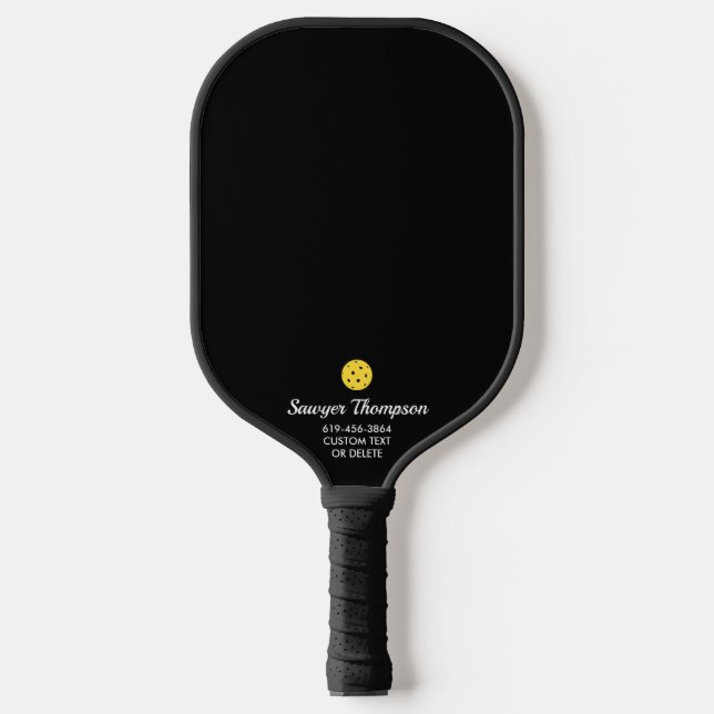 Simple Black Custom Text Name Phone Number  Pickleball Paddle (Front)