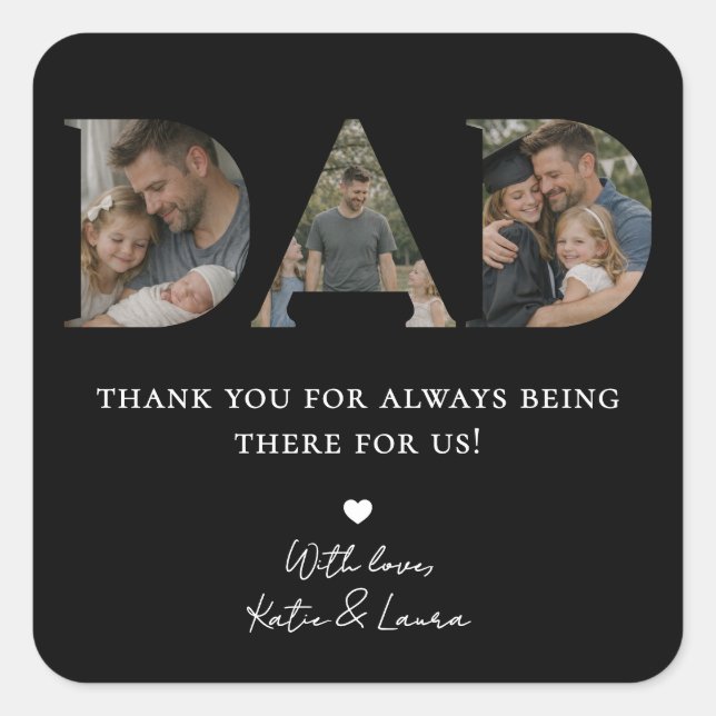 Simple Black Dad Photo Collage Father Day Gift Square Sticker (Front)