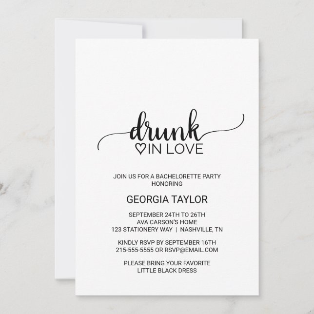Simple Black Drunk In Love Bachelorette Party Invitation (Front)