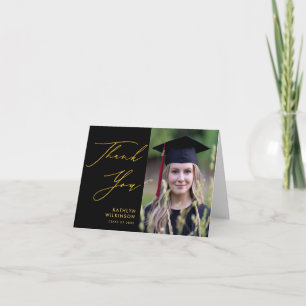 Simple Black Elegant Gold Script Photo Graduation Thank You Card
