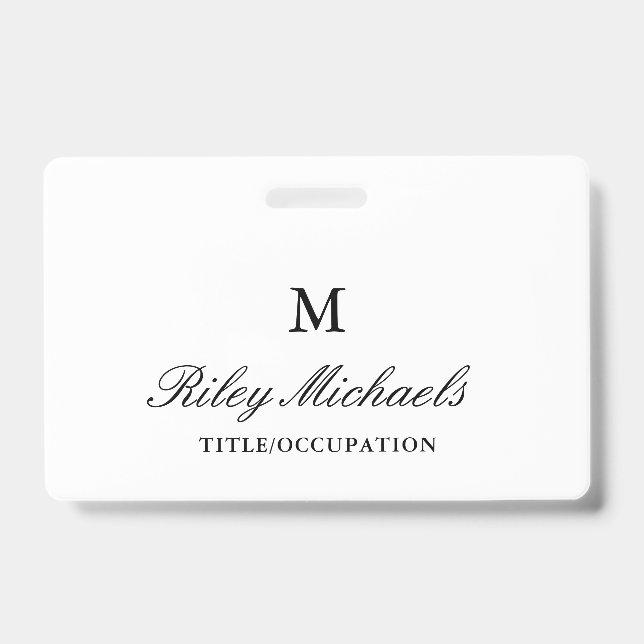 Simple Black Elegant Monogram Name Title ID Badge (Front)