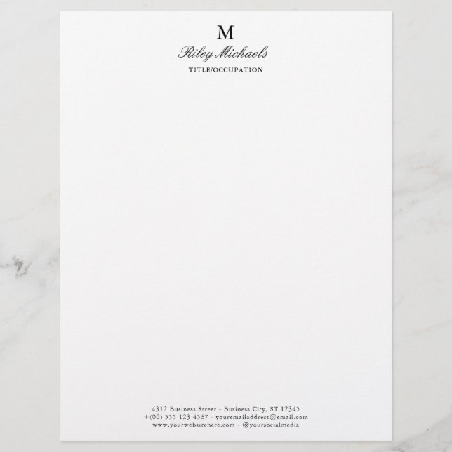 Simple Black Elegant Monogram Name Title Unlined Custom Letterhead (Front)