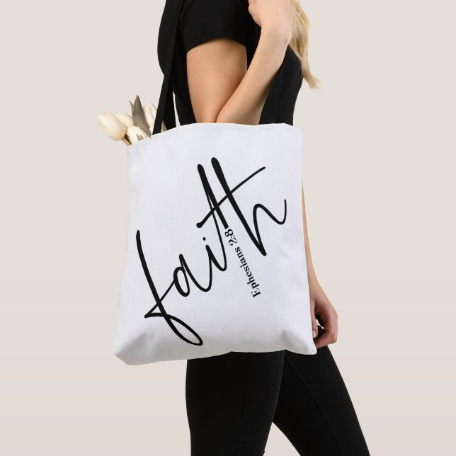Simple Black Faith Bible Verse Calligraphy Text  Tote Bag (Close Up)