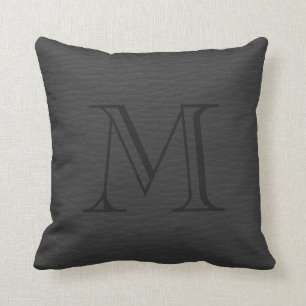 Simple Black Faux Leather Look Monogram Throw Pill Cushion