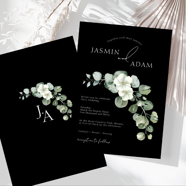 Simple Black Floral Eucalyptus Monogram Wedding Invitation (Simple Black Greenery Eucalyptus Monogram Wedding Invitation)