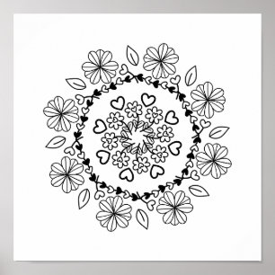 Simple black floral mandala on a white background poster