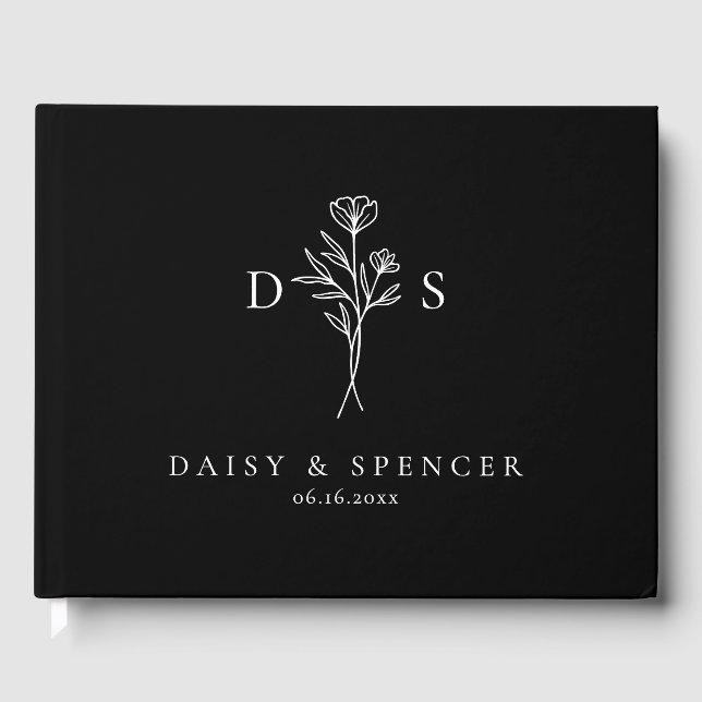 Simple Black Floral Monogram Wedding Guest Book (Front)