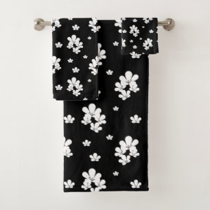 Simple black floral pattern tiny white flowers bath towel set