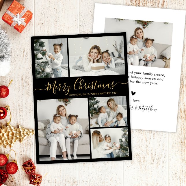 Simple Black Gold 5 Photo Collage Christmas Holiday Card (Creator Uploaded)