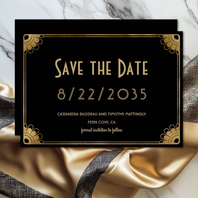Simple Black Gold Art Deco Wedding Save the Date (Elegant black and gold wedding Save the Date flat card)