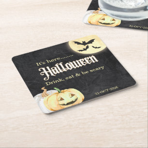 Simple Black Gold Corporate Halloween Party Square Paper Coaster