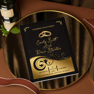 Simple Black Gold Floral Modern Elegant Wedding Invitation
