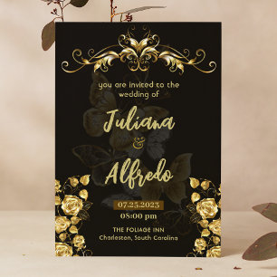 Simple Black Gold Floral Modern & Elegant Wedding Invitation