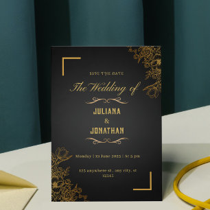 Simple Black Gold Floral Wedding Modern Elegant Invitation