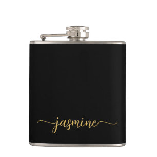 Simple Black Gold Girly Monogram Name Signature Hip Flask