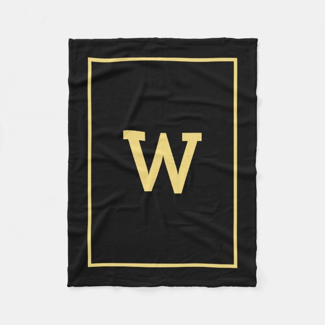 Simple Black Gold Initial Monogram Fleece Blanket (Front)