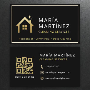Simple Black Gold Maid Service QR Code Business Card