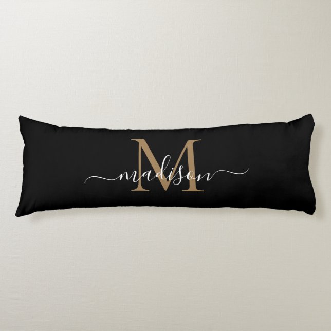 Simple Black Gold Monogram Elegant Feminine Script Body Cushion (Front)