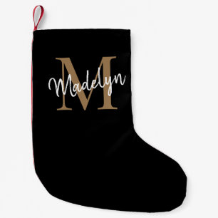 Simple Black Gold Monogram Elegant Girly Script Small Christmas Stocking