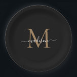 Simple Black Gold Monogram Feminine Script Name Paper Plate<br><div class="desc">Simple Black Gold Monogram Feminine Script Name Paper Plate</div>