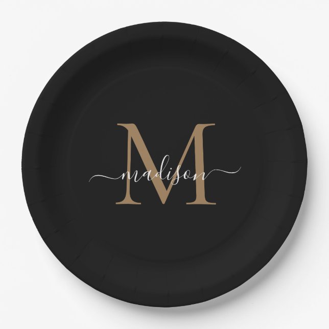 Simple Black Gold Monogram Feminine Script Name Paper Plate (Front)