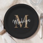 Simple Black Gold Monogram Feminine Script Name Paper Plate<br><div class="desc">Simple Black Gold Monogram Feminine Script Name Paper Plate. Easily personalise this modern elegant paper plate with your custom monogram and name.</div>