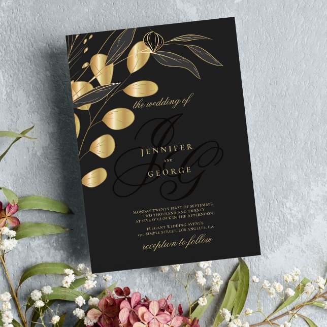 Simple black gold monogram initials floral wedding invitation (Simple black gold monogram initials floral wedding )