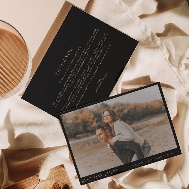 Simple Black Gold Photo Best Day Ever Wedding Thank You Card (Creator Uploaded)