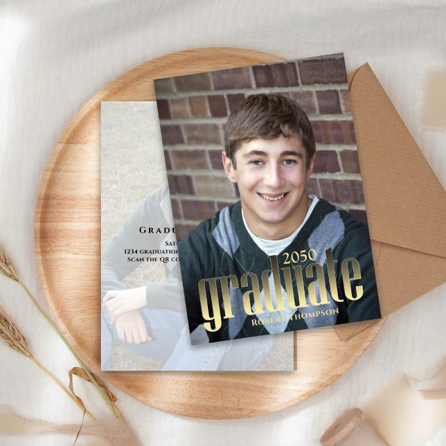 Simple Black Gold Photo Graduation Card (Graduation invitation announcement card with a full bleed photo and gold typography. )