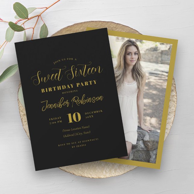 Simple Black & Gold Photo Sweet 16 Sixteen  Invitation (Simple Black & Gold Photo Sweet 16 Sixteen Invitation)
