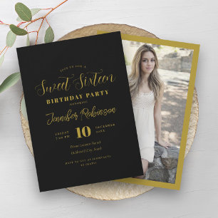 Simple Black & Gold Photo Sweet 16 Sixteen  Invitation