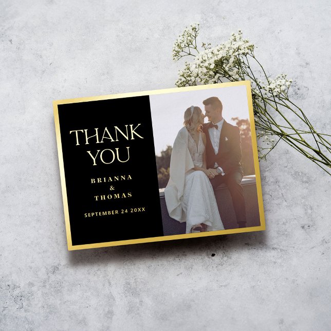 Simple Black Gold Photo Wedding Thank You Foil Invitation Postcard (Creator Uploaded)