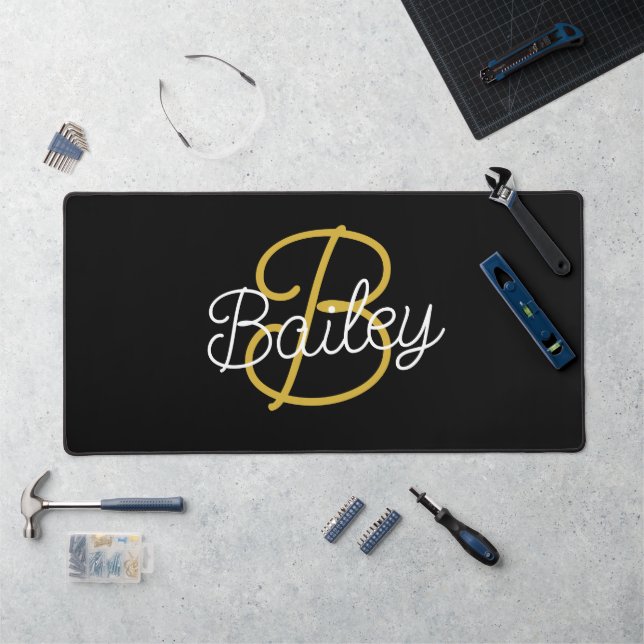 Simple Black & Gold  Retro Script Monogram  Desk Mat (Workstation)