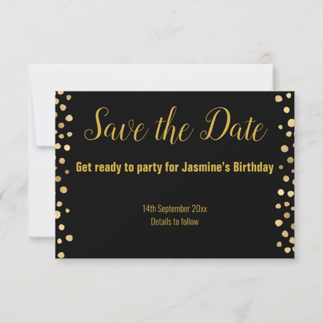 SIMPLE BLACK GOLD SPOT SAVE THE DATE RSVP  (Front)