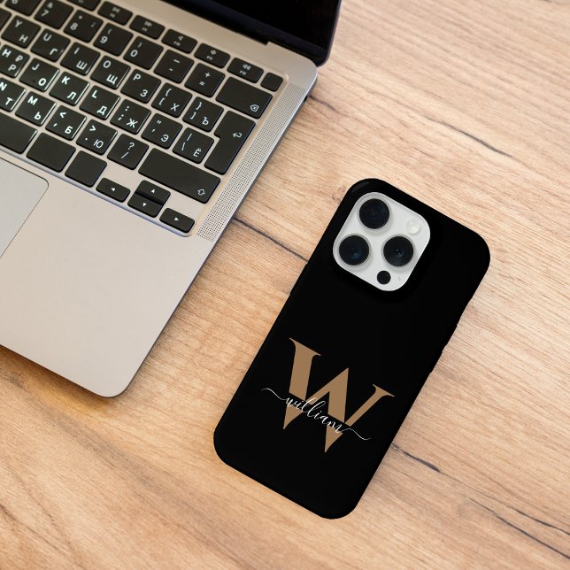 Simple Black Gold Typography Monogram Script Name iPhone Case (Creator Uploaded)
