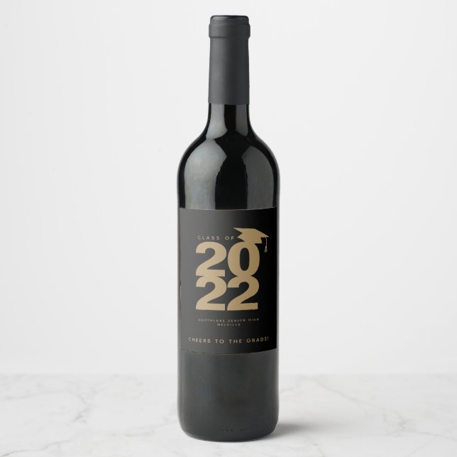 Simple Black & Gold Year of Graduation Wine Label (Front)