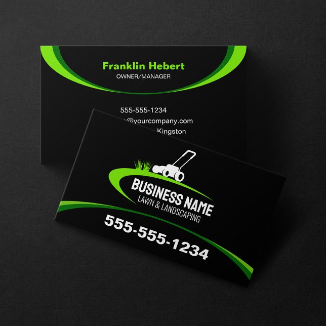 Simple Black Green Lawn Landscaping Mowing Service Business Card (Creator Uploaded)