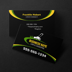Simple Black Green Yellow Lawn Landscaping Mowing Business Card
