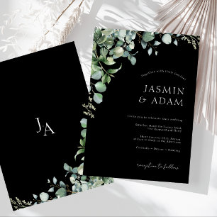 Simple Black Greenery Eucalyptus Monogram Wedding Invitation