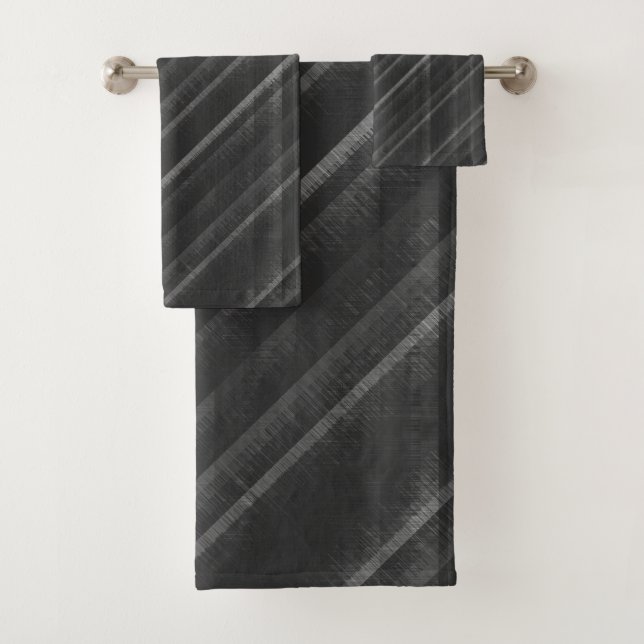 Simple Black Grey Distressed Diagonal Stripes Bath Towel Set (Insitu)