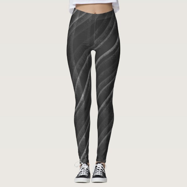 Simple Black Grey Distressed Diagonal Stripes Leggings (Front)