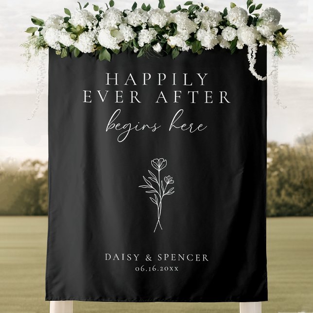 Simple Black Happy Ever After Begins Here Wedding Tapestry (Creator Uploaded)