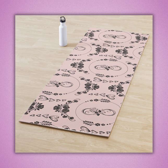 Simple Black Hearts, Floral, Infinity on Pink | Yoga Mat (Creator Uploaded)