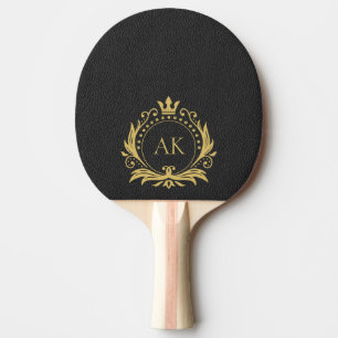 Simple Black Leather Gold Crown Frame Monogram Ping Pong Paddle