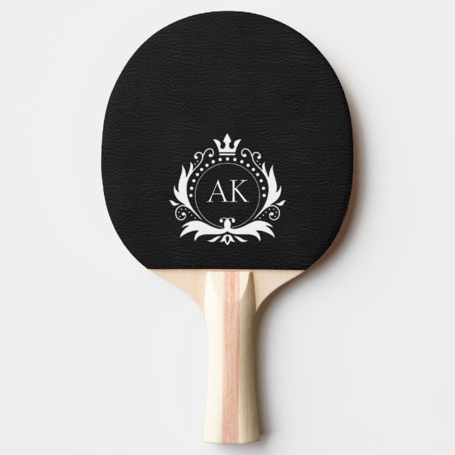 Simple Black Leather White Crown Frame Monogram Ping Pong Paddle (Front)