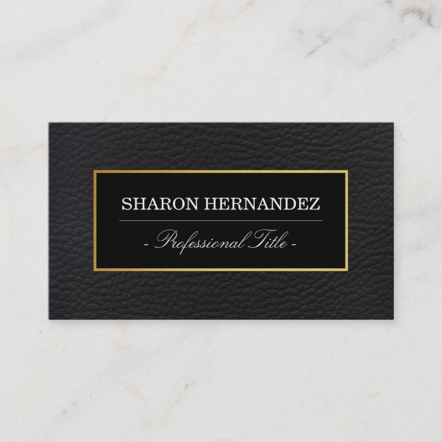 Simple Black Leather with Gold Frame Business Card (Front)