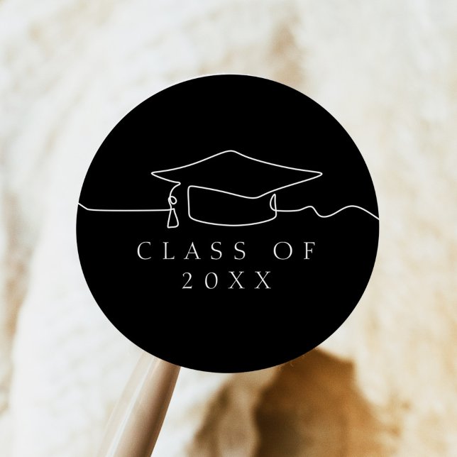 Simple Black Line Art Graduation Cap  Classic Round Sticker (Creator Uploaded)